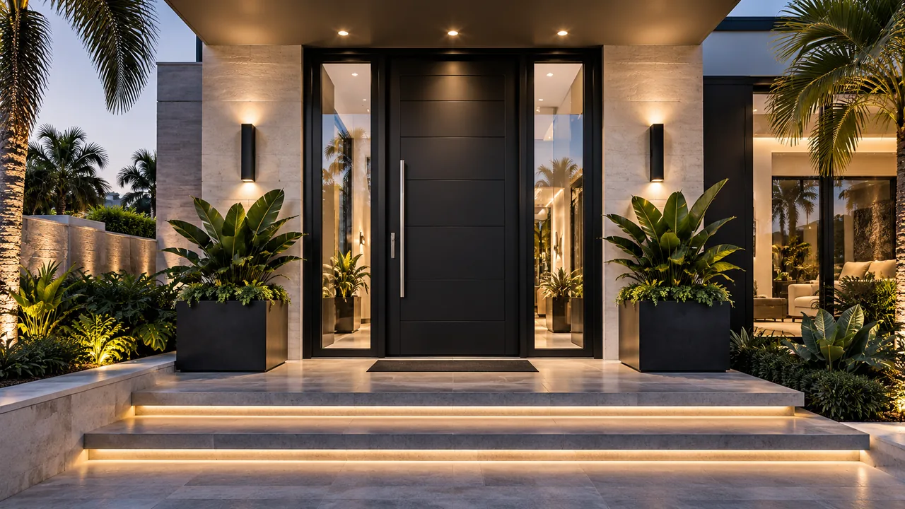 Contemporary entrance with a black door, glass sidelights and tropical landscaping