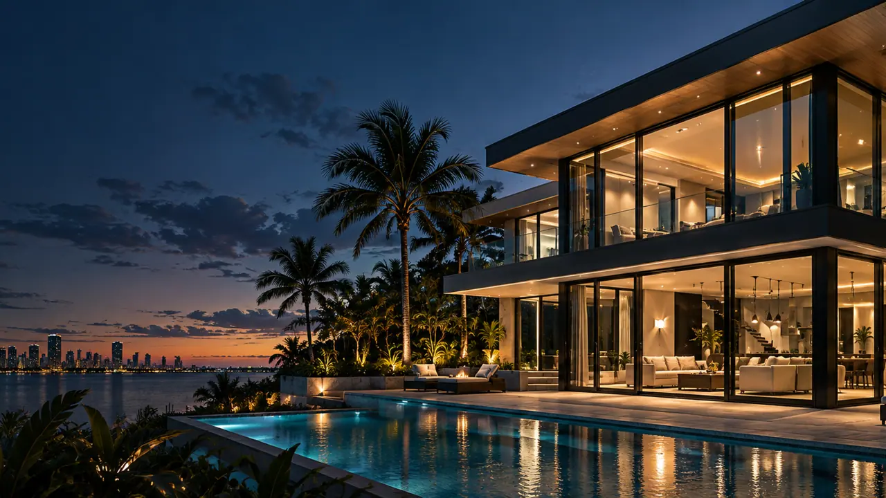 Contemporary home with illuminated living spaces and a poolside terrace