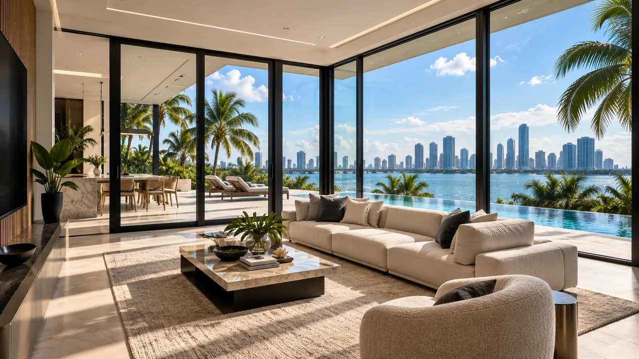 Modern interior with large dark-framed windows overlooking the bay