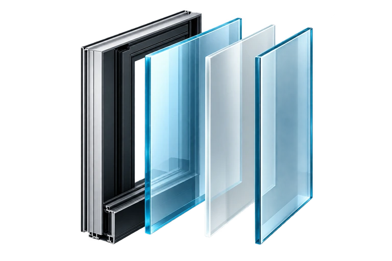 Transparent exploded view of an impact window showing its frame and separated glazing layers